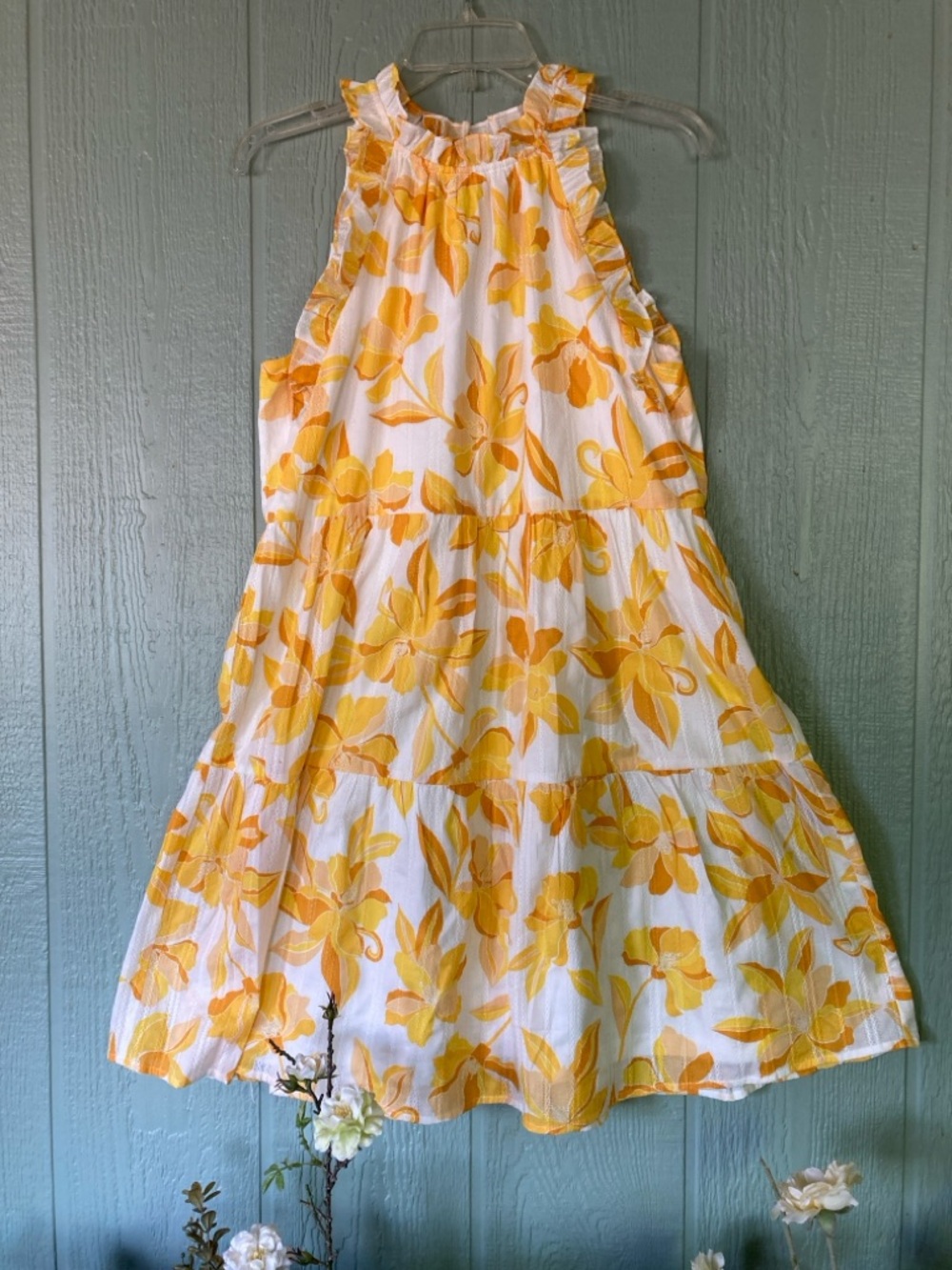 London Times Medium sleeveless ruffled lined patterned tiered dress